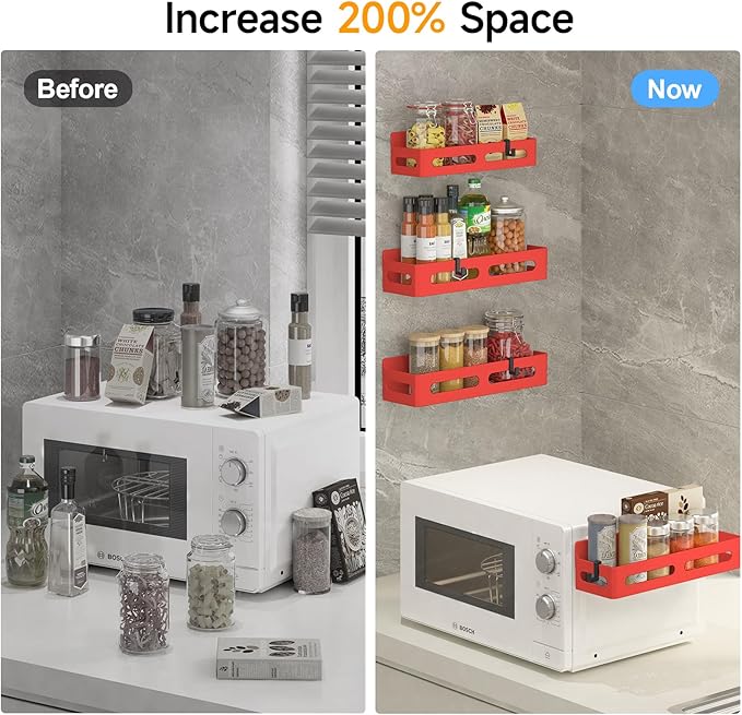 4 Pack Magnetic Spice Rack for Refrigerator, Spice Rack Organizer, Moveable Magnetic Shelf Fridge Organizer with 4 Hooks for Kitchen and Oven Organization,Red