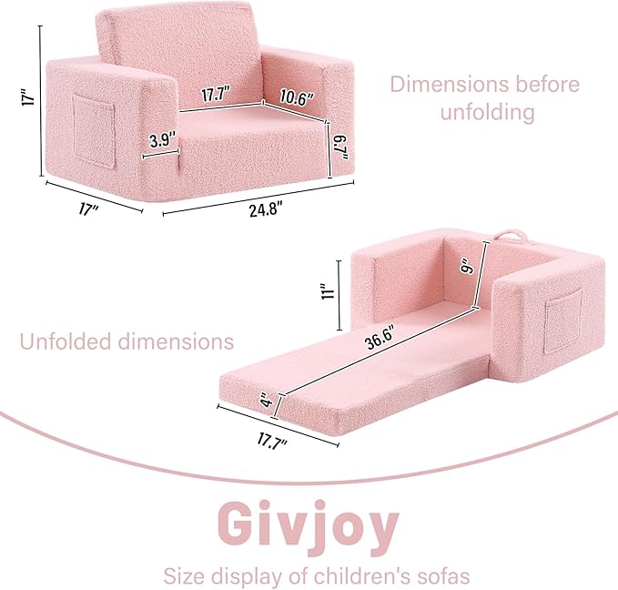 2-in-1 Toddler Chair Sherpa Couch - Soft Kids Lounger for Bedroom, Convertible Sofa for Girls and Boys, Reading Chair, Pink-NeatNest