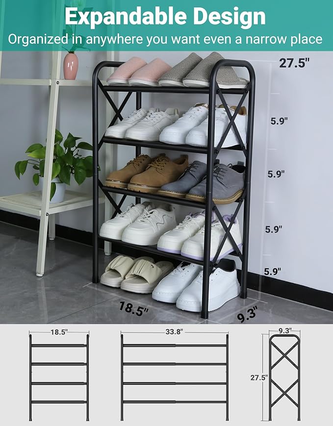 4 Tier Shoe Rack, Adjustable Shoe Organizer for Closet,Shoe Rack for Front Door Entrance, Free Standing Shoe Holders, Easy to Assemble-NeatNest
