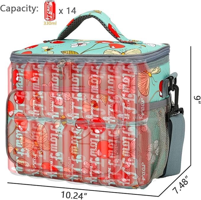 FlowFly Insulated Reusable Lunch Bag Adult Large Lunch Box for Women and Men with Adjustable Shoulder Strap,Front Zipper Pocket and Dual Large Mesh Side Pockets,Cherry-NeatNest