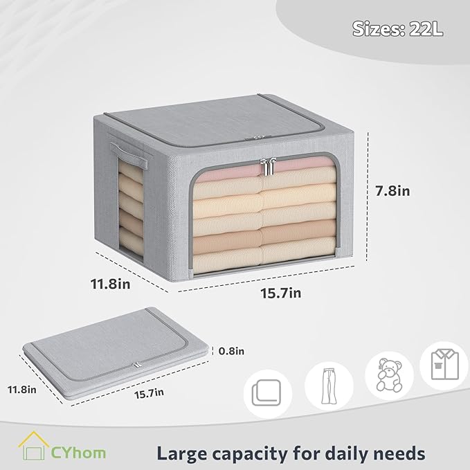 Clothes Storage Bins Box - Foldable Stackable Container Organizer Set with Clear Window & Carry Handles & Metal Frame - 2Pack Large Capacity for Bedding, Blankets, Books-NeatNest