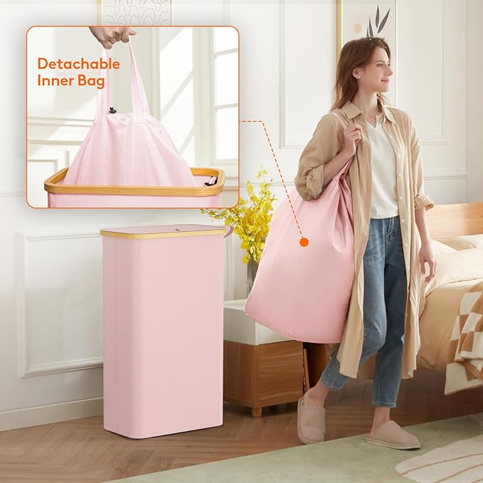Lifewit 75L Slim Laundry Hamper with Lid, Narrow Laundry Basket with Removable Bag & Bamboo Handles, Fodable Thin Dirty Clothes Hamper for Laundry Collapsible Bin for Bathroom Bedroom Dorm, Pink-NeatNest