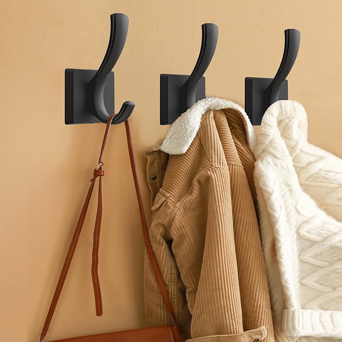 3 Pack Black Towel Hooks, Towels Robe Holder for Bathroom Coat Hooks for Wall Hanging Key Hat Backpack (3 Pack, Black)