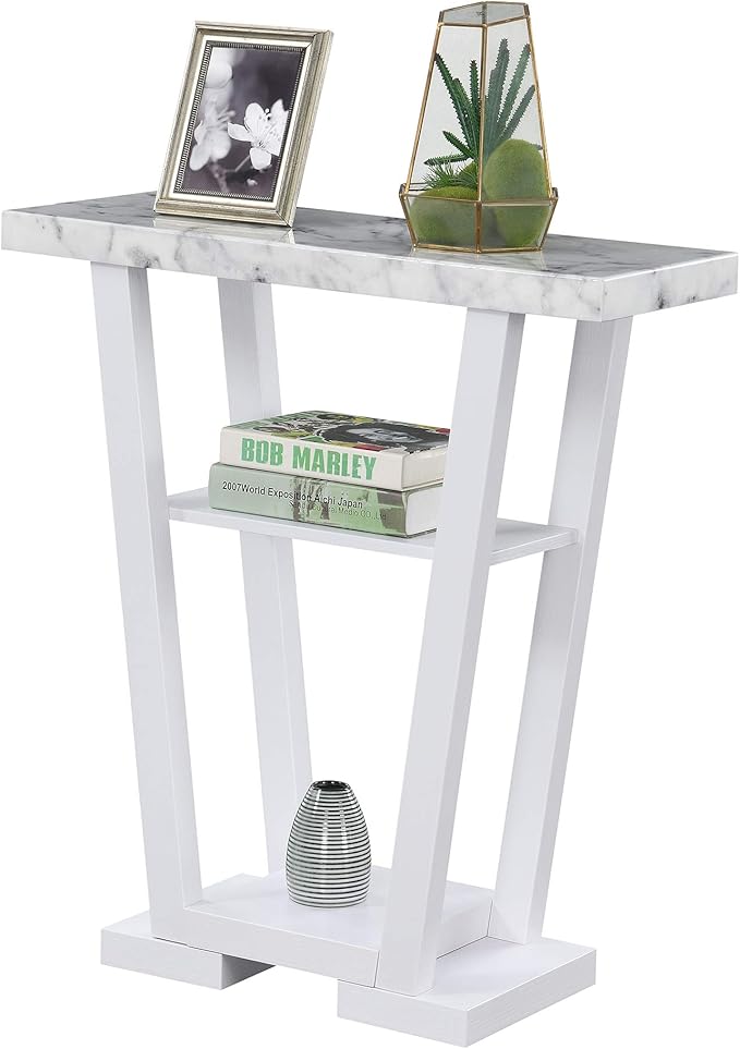 Convenience Concepts Newport V Console Table 31.5" - Modern Sofa Table with Storage Shelves, Narrow Entryway Hall Table for Living Room, Display Accent Table, White Faux Marble/White-NeatNest