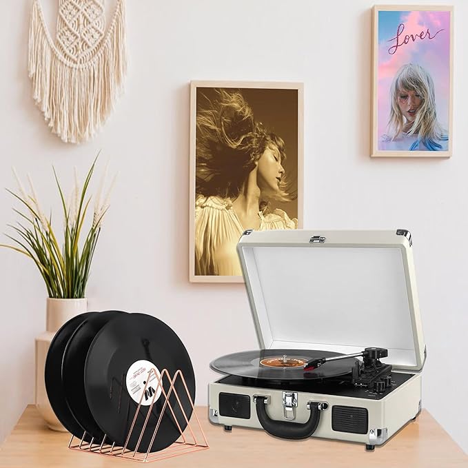 COSYAWN 7 Slot Vinyl Record Holder Storage, Anti-Rust Metal Magazine Album Display Rack Desktop File Organizer, Triangle Paper Letter Newspaper Sorter Stand for Home Office, Rose Gold