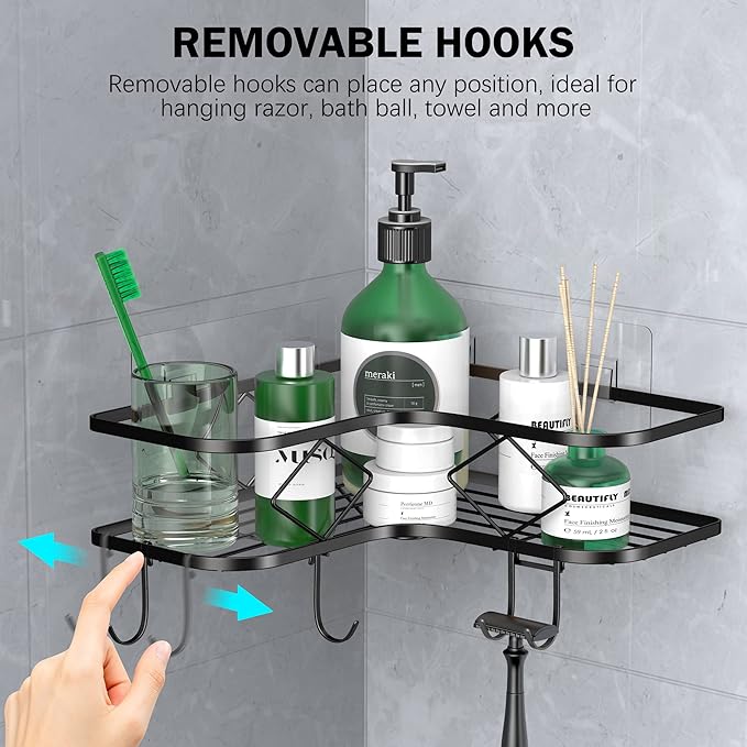 Shower Caddy, 2 Pack Corner Organizer Shelf, Rustproof Wall Mount Shower Storage Rack, No Drilling, 40 lbs Capacity (Glossy Black)