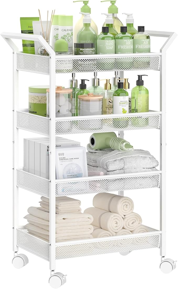 4-Tier Standing Storage Shelves, Shelving Unit with Wheels, Freestanding Shelf for Bathroom, Laundry, Kitchen Organizers and Storage,White-NeatNest