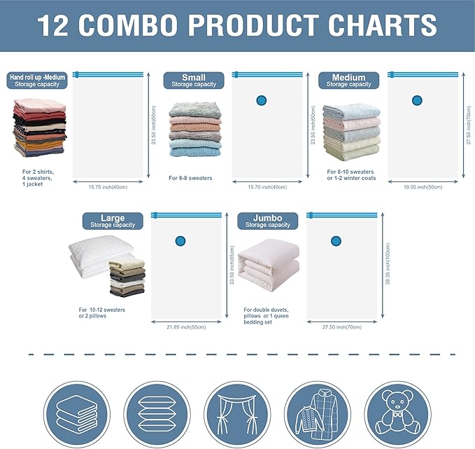 12 Pack Vacuum Storage Bags, Space Saver Vacuum Storage Bags, Vacuum Seal Bags for Clothing, Clothes, Comforters and Blankets, Hand Pump Included-NeatNest