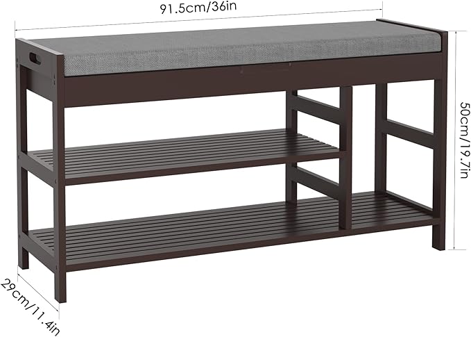 HIFIT Bamboo Shoe Bench Rack with Storage, Entryway Storage Bench with Padded Seat, Shoe Oiganizer Shelf for Entryway Mudroom Bathroom Foyer, Vintage