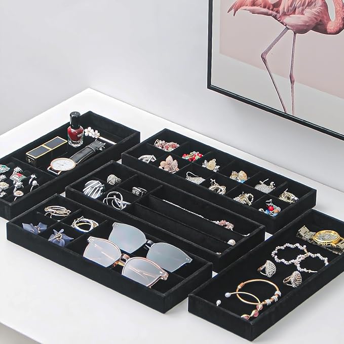 2Pcs Desk Drawer Storage Tray, Nightstand Organizer Tray, Necklace Bracelet Ring Earring Jewelry Display Tray, Grid Table Organizer Holder Tray for Sunglass, Phone, Watch, Perfume (7 grid)/Black-NeatNest