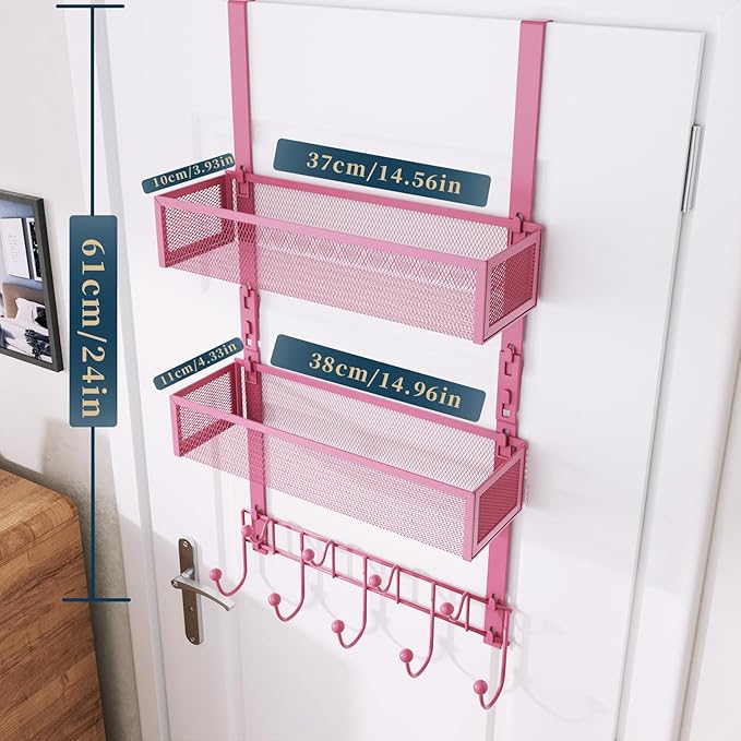 Consumest Over The Door Hooks Organizer - Extra Long Door Hanger with 9 Coat Hooks & 2 Mesh Basket, Back Storage Organizer Hanging Towels for Bathroom, Bedroom - Pink (for 1.76 in Doors)