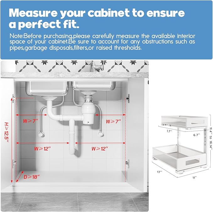 1 Pack 17IN Depth Under Sink Storage Organizer, Large 2-Tier Elegant Mesh Pull Out Shelf for Kitchen and Bathroom Cabinet Organization, L-Shaped and Adjustable Height Design-White-NeatNest