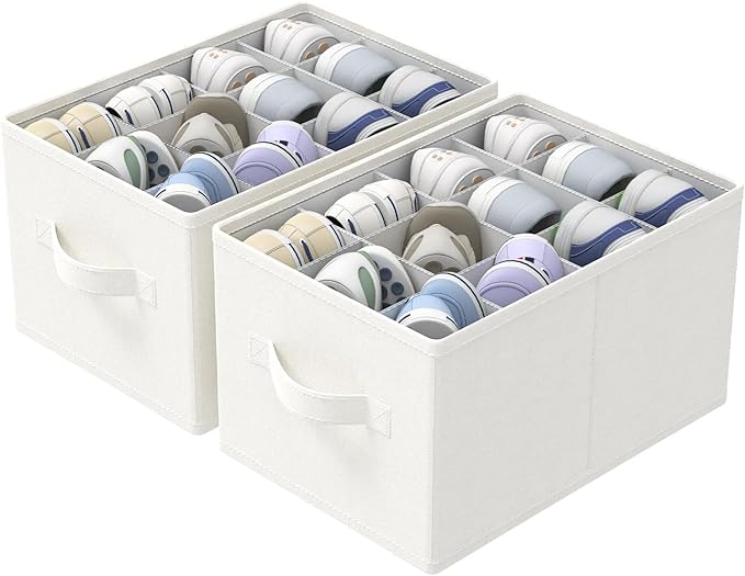 2 Pack Shoe Storage Bins, Fits Up to 24 Pairs, Foldable Space-saving Closet Organizers System, Clothes Basket with Reinforced Handles, 16.5 x 12.6 x 10.2 In, White & Ivory, XSNX02W-2-NeatNest