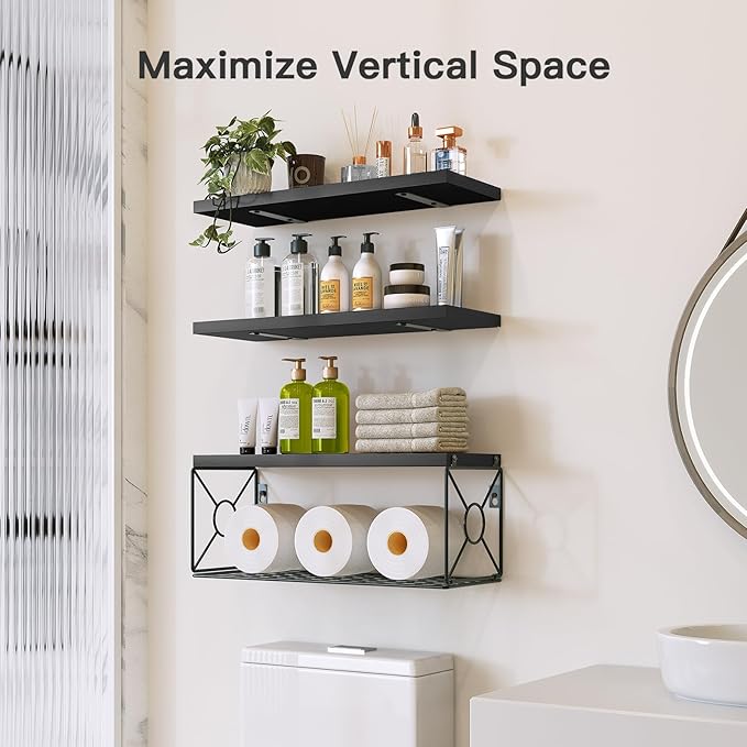 Amada Bathroom Shelves Over Toilet with Storage Basket, Floating Wall Shelves for Home Organization & Wall Decor, Bathroom/Kitchen/Living Room ShelvesBlack-NeatNest