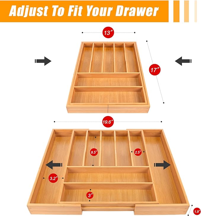 Bellsal Large Premium Bamboo Silverware Organizer - Expandable Utensil Drawer Organizer - 17"x19.6" Utensil Holder and Cutlery Tray with Grooved for Kitchen Flatware and Utensils Mother's Day Gift-NeatNest