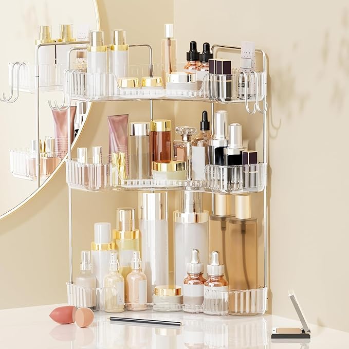 Makeup Organizer for Vanity 3-Tier Corner Bathroom Organizer Countertop with Hooks Bathroom Countertop Perfume Organizer Corner Bathroom Counter Corner Storage-Clear-NeatNest