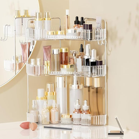 Makeup Organizer for Vanity 3-Tier Corner Bathroom Organizer Countertop with Hooks Bathroom Countertop Perfume Organizer Corner Bathroom Counter Corner Storage-Clear-NeatNest