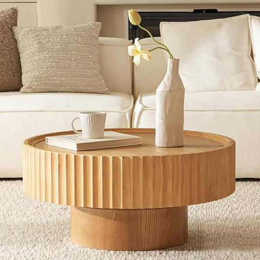 Round Coffee Table, Modern Living Room Tables with Mushroom Shape and Grooved Design, Circle Accent Pinewood Center Table for Living Room, Apartment, 31.8''L×14.9''H (Nature Wood)