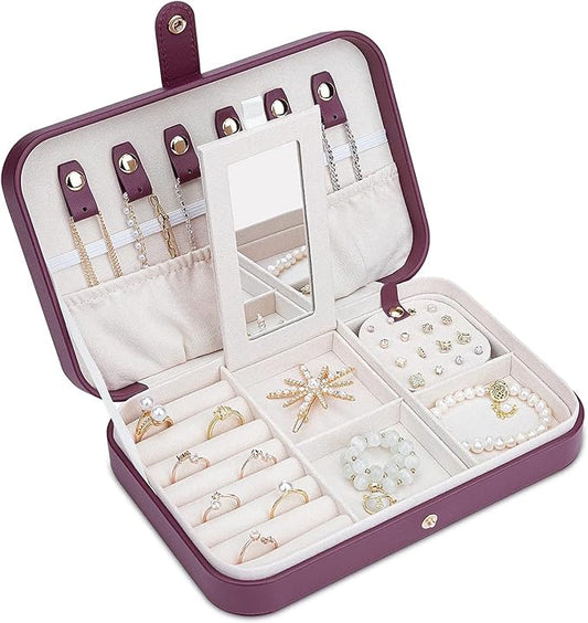 Jewelry Travel Organizer, Travel Jewelry Box Portable, Small Travel Jewelry Case with Mirror, PU Leather Small Jewelry Box for Women, Burgundy Red B-NeatNest
