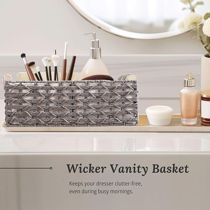 DECOMOMO Toilet Tank Basket, Wicker Storage Bins for Countertop, Toilet Top Organizer, Back of Toilet Basket, Pantry, (Grey, Set of 3)-NeatNest