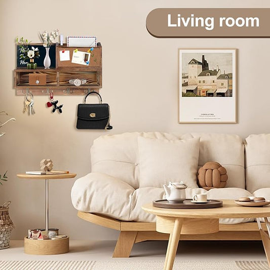 comfoyar Key Holder for Wall, Mail Organizer Wall Mount with Cork Board Bulletin Board, Key Rack with 4 Double Key Hooks and Shelf Storage, Dog Leash Holder for Entryway Rustic Home Decor, Brown-NeatNest