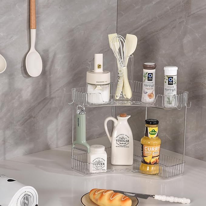 2 Tier Plastic Bathroom Counter Organizer with Hooks,Corner Vanity Tray and Makeup Storage Shelf for Sink, Countertop (White Silver)-NeatNest