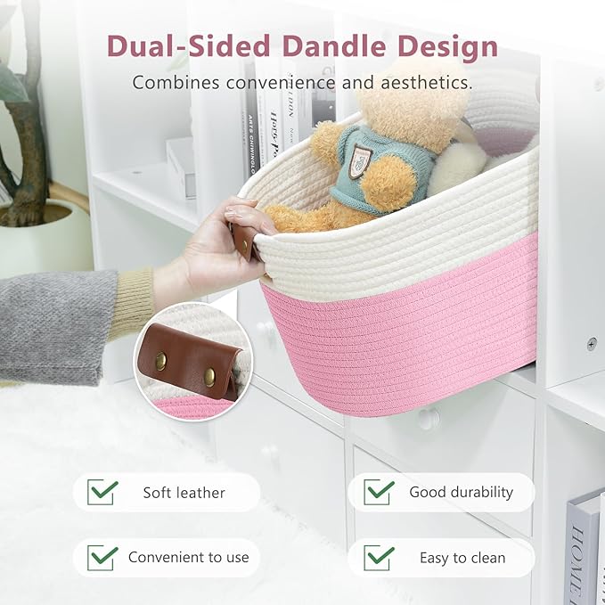 Cotton Rope Basket , Storage Baskets with Handle, 15x10x9 Inch Woven Basket for Shelves, Laundry, Towels, Clothes, Books, Toys (White/Pink 2Pack)-NeatNest