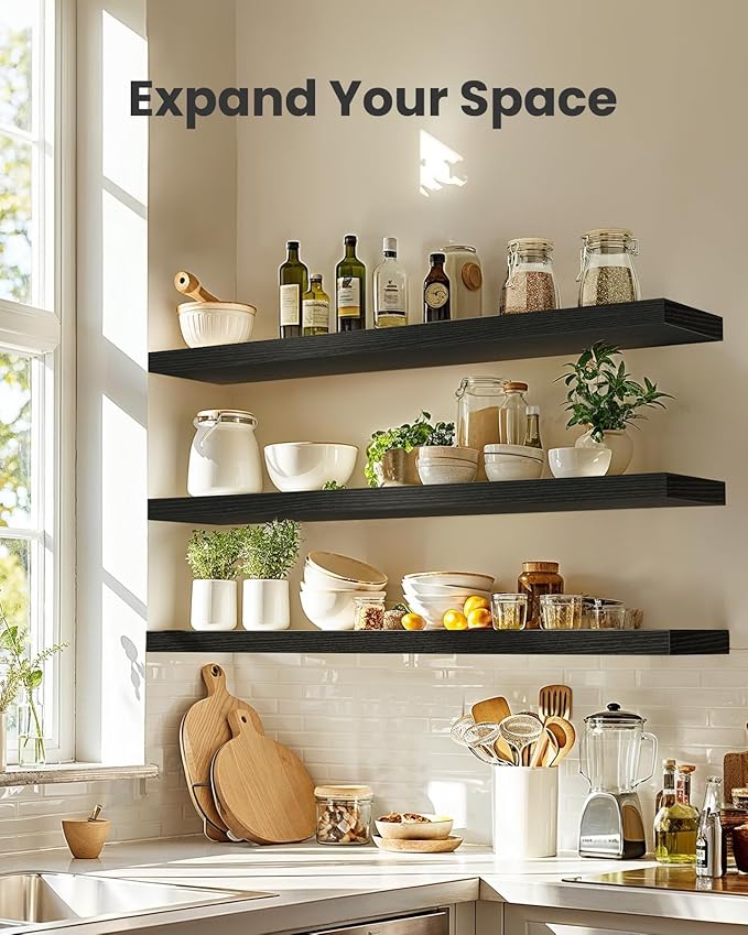 AMADA HOMEFURNISHING Floating Shelves, Wall Shelves for Living Room, Bedroom, Bathroom, Kitchen & Home Office Organization, Bathroom Shelves with Hidden Brackets, 22 lbs Max Load, Black, AMFS45B-NeatNest