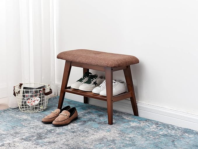 Shoe Entryway Bench, Bamboo Shoe Rack Bench, Organizer with 2 Tier Storage Simple Style Good Load Bearing, Ideal for Entryway Hallway Living Room,(Brown,23.6'')-NeatNest