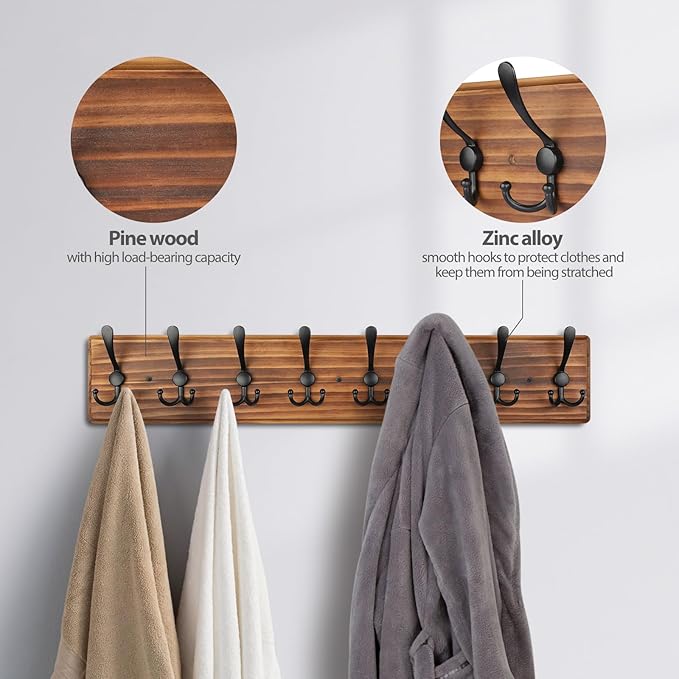 Coat Rack Wall Mount, Wooden Heavy Duty Coat Rack for Wall,8 Triple Coat Hanger Hooks for Hanging Coats,Jacket,Hat,Clothes (Brown, 8 Hooks)-NeatNest