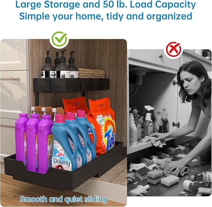 2-Tier Under Sink Organizers 2 Pack Sliding L-shape Cabinet Organizers Narrow Space Storage Shelves Multi-purpose Sink Organizer Baskets with 4 Hook for Kitchen Bathroom Drawer, Black-NeatNest