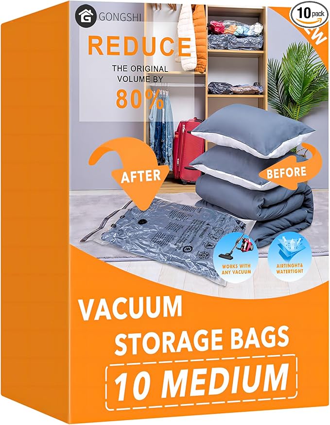 10 Medium Vacuum Storage Bags, Space Saver Sealer Compression Bags for Blankets, Comforters, Pillows, Clothes Storage-NeatNest
