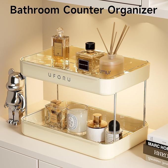 Countertop Coffee Station Organizer, 2 Tier Wine Glass Holder, Mug Shelf with Removable Drain Tray, Spice Rack for Kitchen, Bathroom Countertop Organizer, Cream White-NeatNest