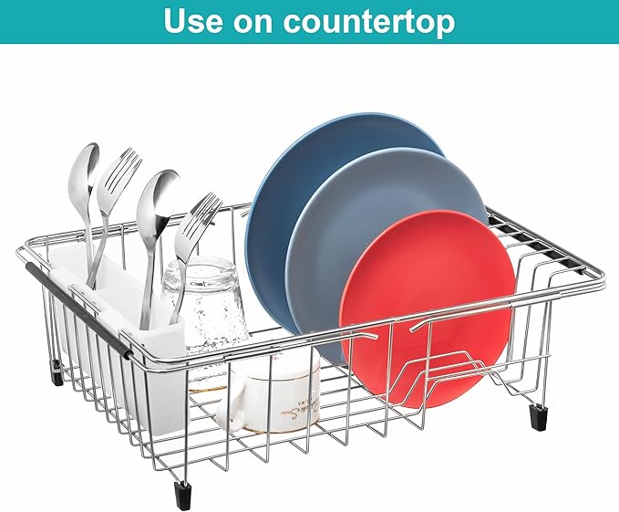 iPEGTOP Expandable Multifunctional Dish Drying Rack, Over The Sink, in Sink Or On Counter Dish Drainer Rack Organizer Shelf with White Utensil Silverware Holder, Rustproof Stainless Steel