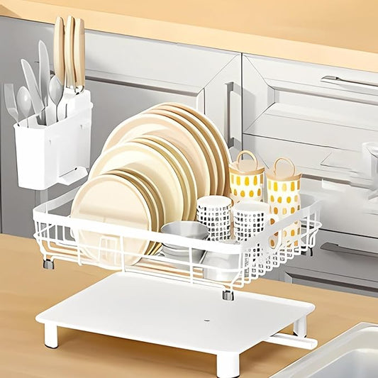 Small Dish Drying Rack, Space Saving Dish Racks for Kitchen Counter, Kitchen Organizer Dish Drainer with Cutlery Holder for Spoons and Forks, 11''W x 15''L, White