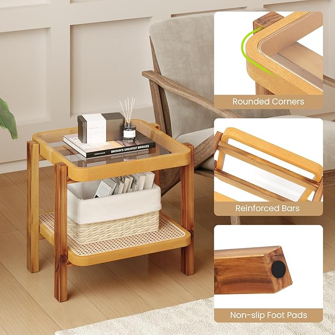 GOFLAME Rattan End Table, Boho Nightstand with Tempered Glass Top, Rattan Storage Shelf, Solid Wood Legs, Sofa Side Accent Table, 2 Tier Glass Side Table for Living Room, Bedroom, Natural