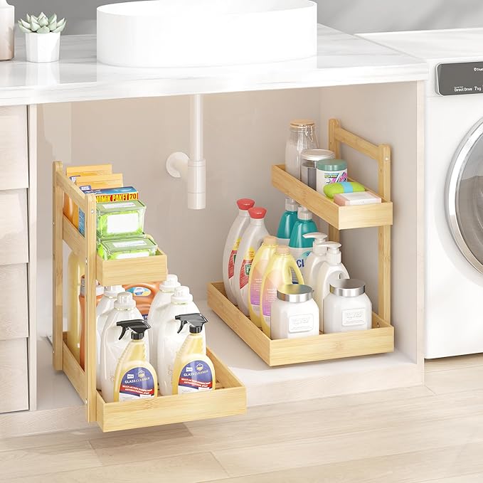 Under Sink Organizer - 2-Tier Pull Out Cabinet Organizer Vertical Slide Out Sink Shelf Storage Shelves for Multi-Purpose Bath Kitchen Bathroom Medicine (Nature, 2 Packs)-NeatNest