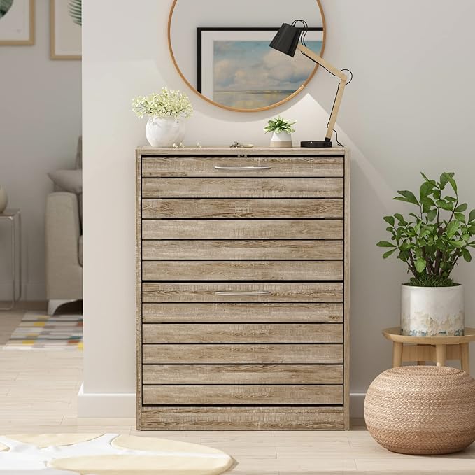 FUFU&GAGA Shoe Storage Cabinet with 2 Flip Drawers for Entryway, Modern, Freestanding Rack Organizer (22.4”W x 9.4”D x 29.5”H) (Light Brown)-NeatNest