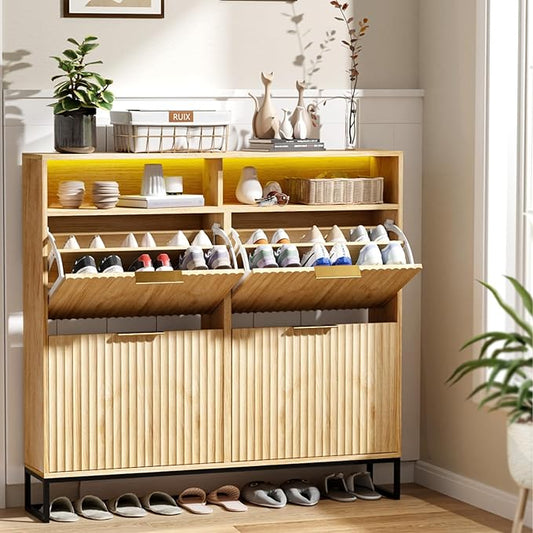 VINGLI Fluted Shoe Cabinet Storage for Entryway,Hidden Shoes Storage Cabinet with 4 Flip Drawers, Mid Century Modern Shoe Rack with LED Light,Shoes Organizer with Cubby for Hallway(Natural Oak)-NeatNest