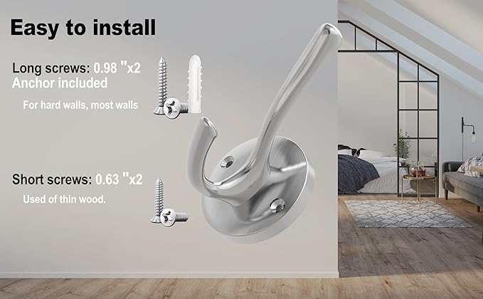 Brushed Nickel Robe Hooks Towel Hooks, 3 Pack Coat Hook Heavy Duty Mudroom Hook Double Bathrobe Hook Wall Mounted, Hat Hooks for Entryway Bathroom Kitchen Closet-NeatNest