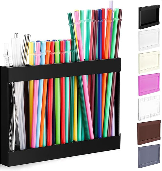Acrylic Straw Holder for Cabinet Door with Double Sided Adhesive Tape Reusable Straw Organizer Tumbler Storage Kitchen Accessories Container for Counter Cupboard(Classic,Large,Black)