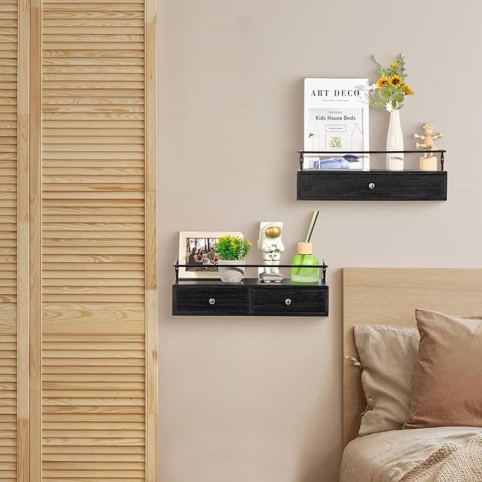 Floating Shelves for Wall Storage, Wall Mounted Bathroom Shelf with Drawers Set of 2, Rustic Wood Wall Shelves for Bedroom, Living Room, Kitchen, Home Decor, Plants, Books (Black)-NeatNest