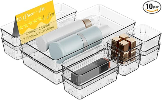 10 PCS Clear Plastic Drawer Organizer Set, 4 Sizes Acrylic Drawer Storage Trays Non Slip Storage Bins for Makeup, Jewelry, Gadgets for Kitchen, Bedroom, Bathroom, Office-NeatNest