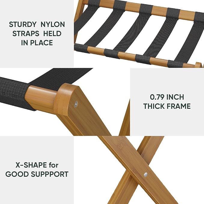 2 Pack Luggage Rack, Folding Luggage Rack for Guest Room, Walnut Bamboo Suitcase Stand Holds up to 131 lb, Luggage Stand with Storage Shelf for Hotel, Bedroom