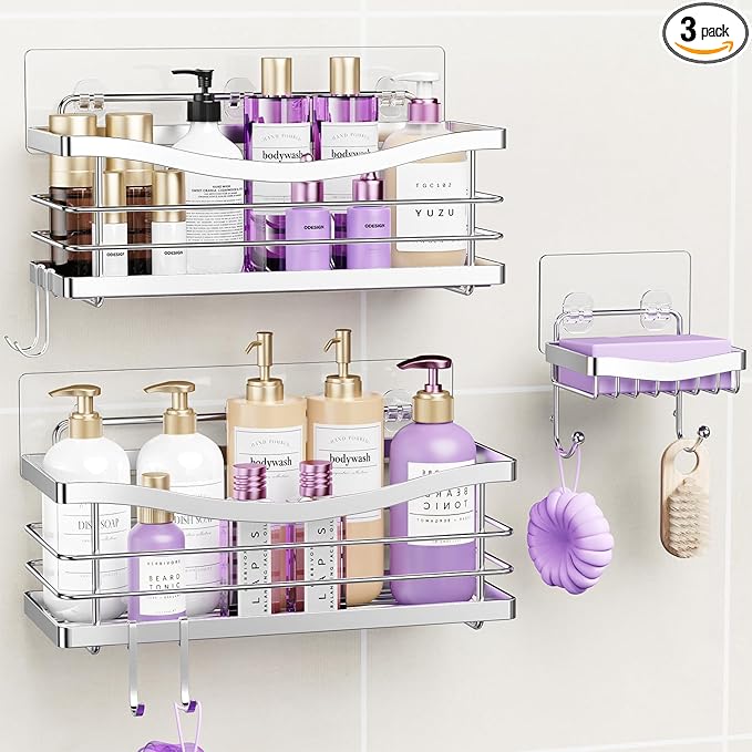 ODesign Shower Caddy 3 Pack-Shower Organizer Shelves Rack Rustproof SUS304 Stainless Steel for Bathroom Storage&Kitchen-No Drilling Adhesive Shower Caddy Shelf Dorm Room Essentials-Silver