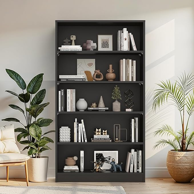 Farini 60 Inch Tall 5-Shelf Bookcase, Wood Bookshelf Storage Organizer Adjustable Shelf for Home Office, Study Room, Easy Assembly,Black
