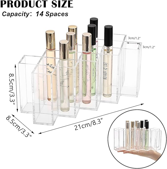 ELLDOO Rollerball Perfume Organizer, 14 Spaces Clear Acrylic Perfume Storage Holder Beauty Scent Holder, Stackable Makeup Lipgloss Lipstick Display Case Lip Gloss Storage Stand-NeatNest