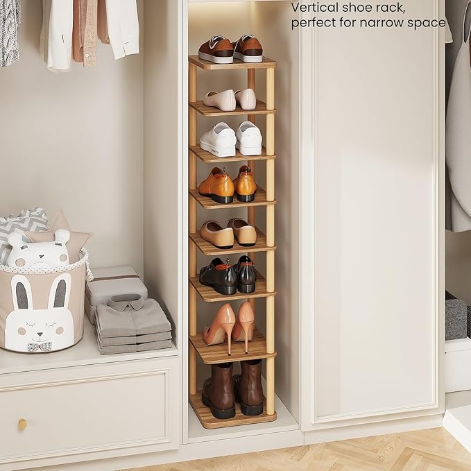 LUCKNOCK Vertical Shoe Rack, 8-Tier Tall Narrow Shoe Organizer for Entryway, Closet, Dorm & Small Spaces, Freestanding Wooden Shoe Shelf Tower for Boots, Sneakers, Heels. (Walnut)-NeatNest