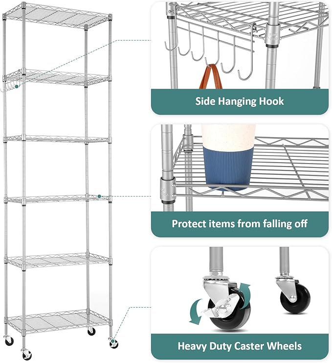 Homdox 6-Tier Storage Shelf Wire Shelving Unit Free Standing Rack Organization with Caster Wheels, Stainless Side Hooks, Silver Gray-NeatNest