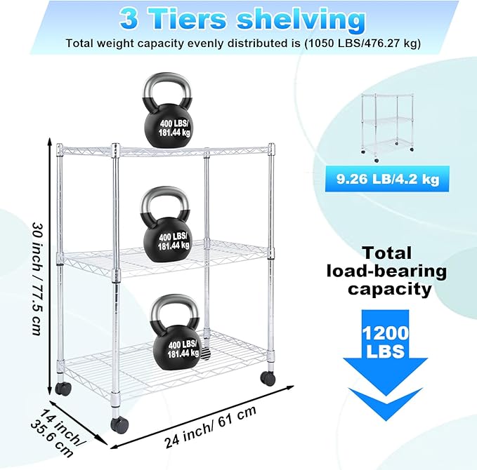 Whitmor 3 Tier Storage Shelves, Heavy Duty with Wheels, 400 lbs Capacity per Shelf, Max 1200 lbs Total, Adjustable Shelving Unit for Garage, Kitchen, Bathroom, 24" L x 14" W x 30.5" H, Chrome-NeatNest
